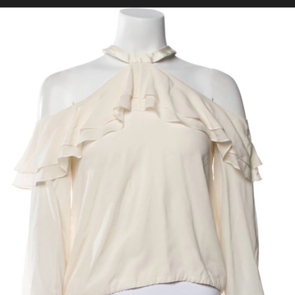 Alice + Olivia 100% Silk Cream Ruffle Cold-Shoulder Top sz L